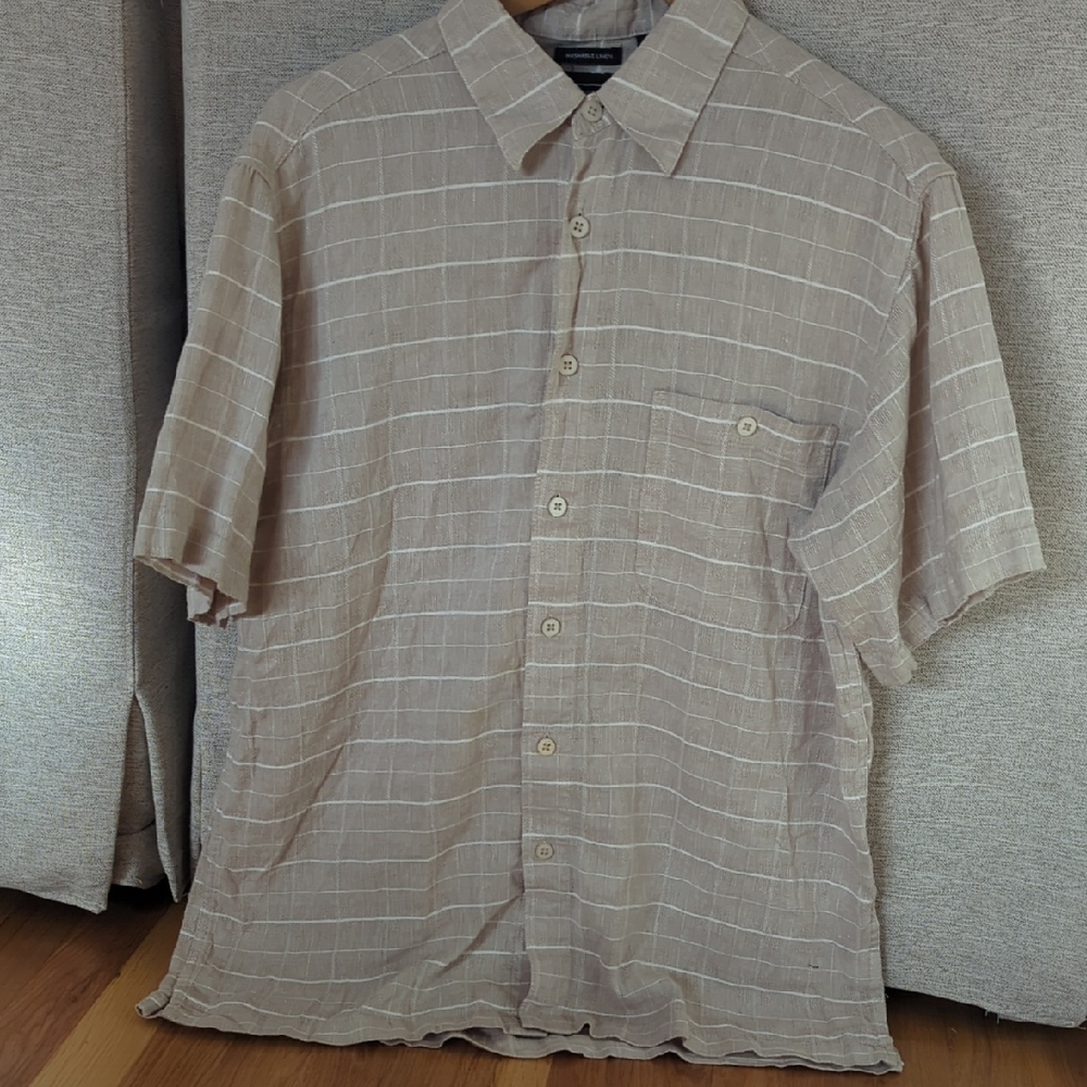 Linen Short Sleeve Button-Down Stripe Plaid Collar Vacation Summer Natural Fiber